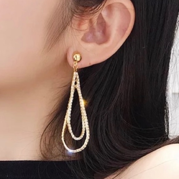 Gold Diamond Drop Hoop Earrings - Picture 2 of 5